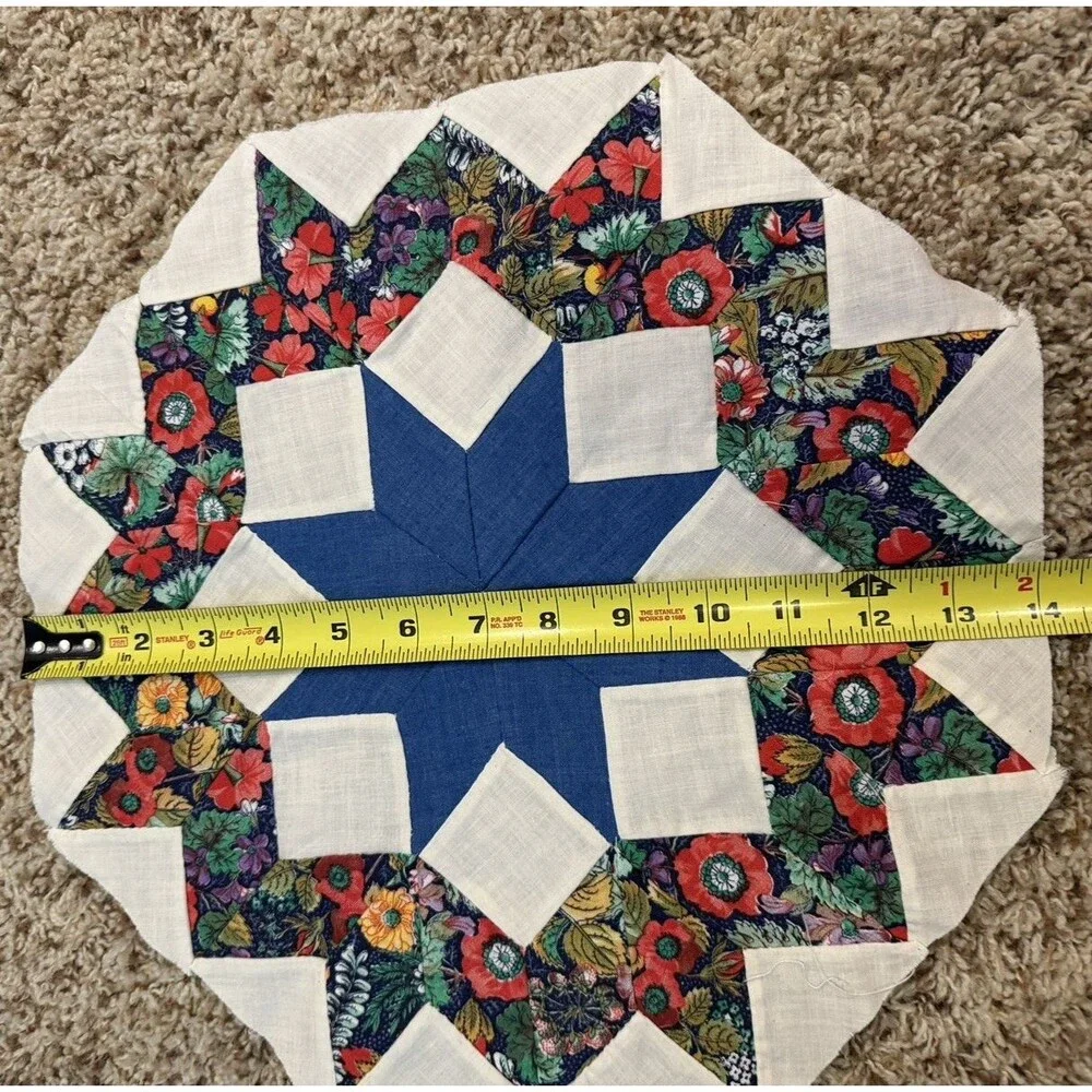 Vintage Hand Pieced Quilt Block Orphan Square 8-Point Star blue/dark floral 14